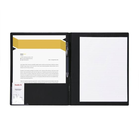 M 8900, CARPETA VINIL. Carpeta con block de 20 hojas a rayas, 2 separadores de documentos, compartimento para tarjeta y ceja para Bolígrafo.