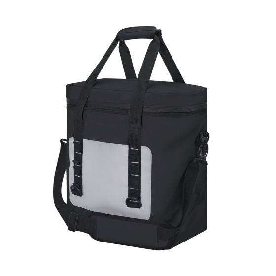 SIN 508, HIELERA DOVIA. Hielera con interior y exterior plastificado impermeable. Bolsa principal con cierre, bolsillo frontal. Incluye asa de mano con velcro y correa larga ajustable con broches de plástico y soporte acojinado. Capacidad para 24 latas.